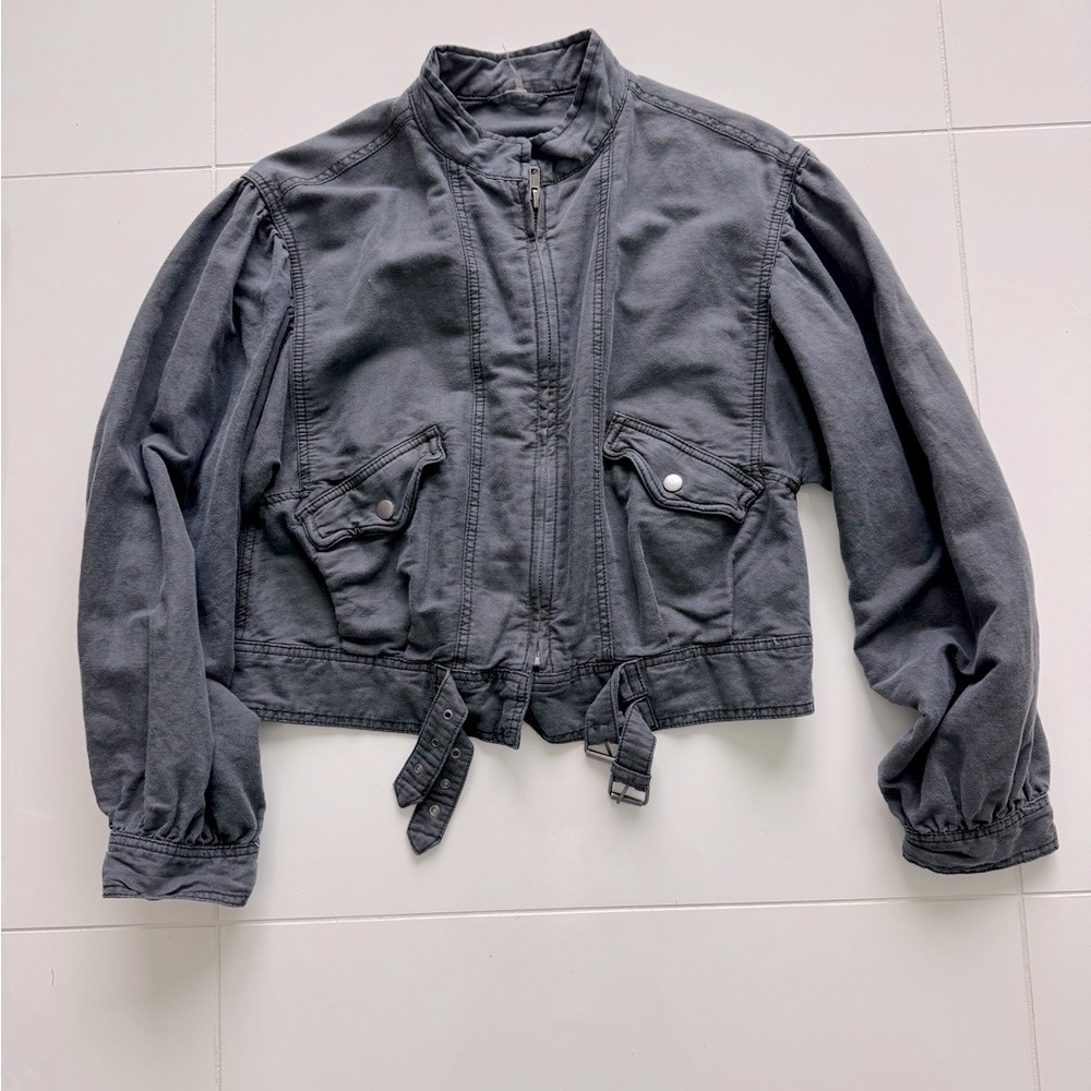FREE PEOPLE Black Bomber Jacket Cropped Relaxed Fit